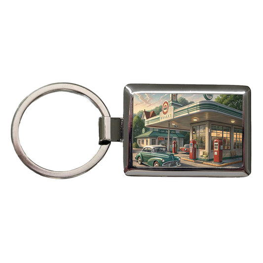Retro Americana 1950's Main Street Gas Station Rectangle Metal Keychain