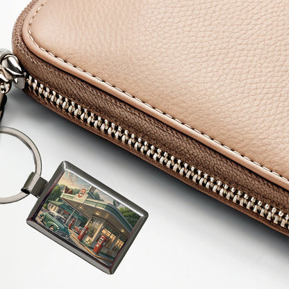 Retro Americana 1950's Main Street Gas Station Rectangle Metal Keychain