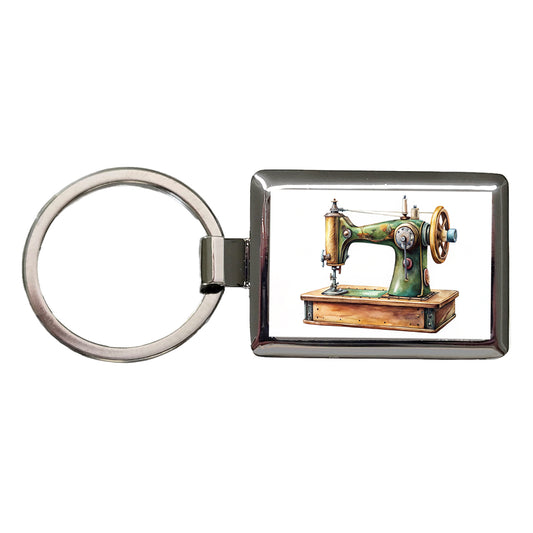 Retro Classic Sewing Machine Watercolor Rectangle Metal Keychain