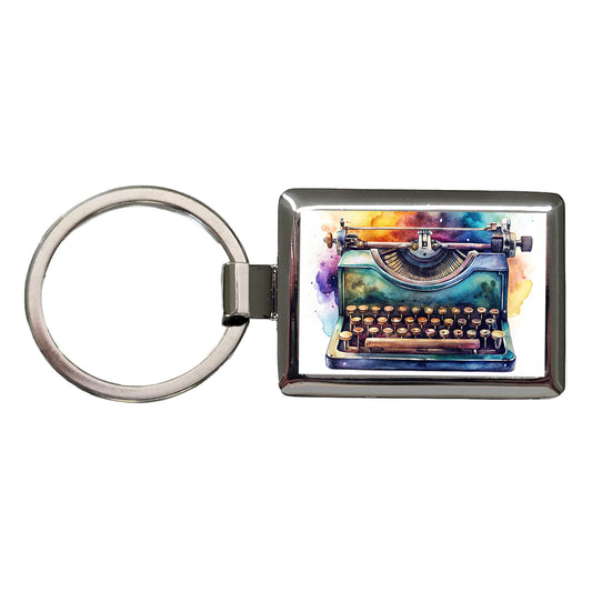 Retro Classic Typewriter Watercolor Rectangle Metal Keychain