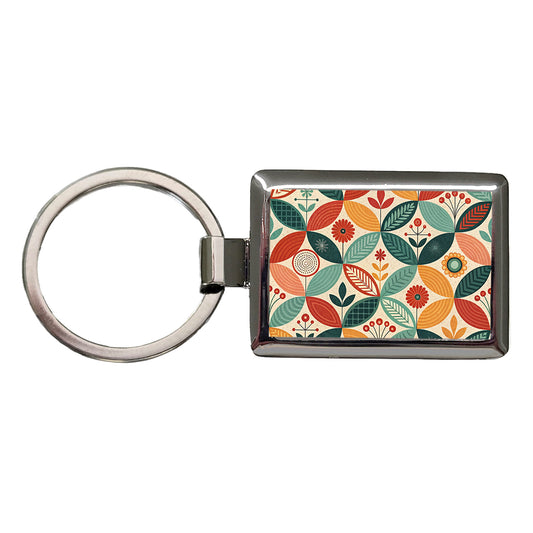 Retro Mid-Century Leaf Pattern Rectangle Metal Keychain