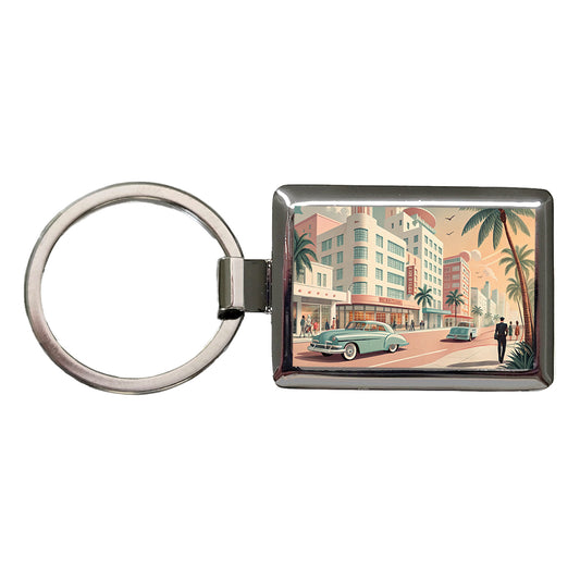 Retro Mid-Century Pastel Cityscape Rectangle Metal Keychain