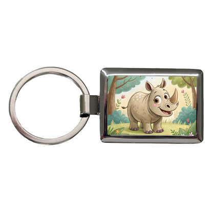 Rhinoceros Children's Illustration Style Rectangle Metal Keychain