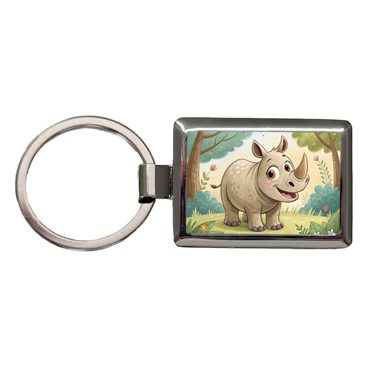 Rhinoceros Children's Illustration Style Rectangle Metal Keychain
