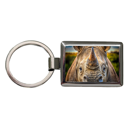 Rhinoceros Face Rectangle Metal Keychain