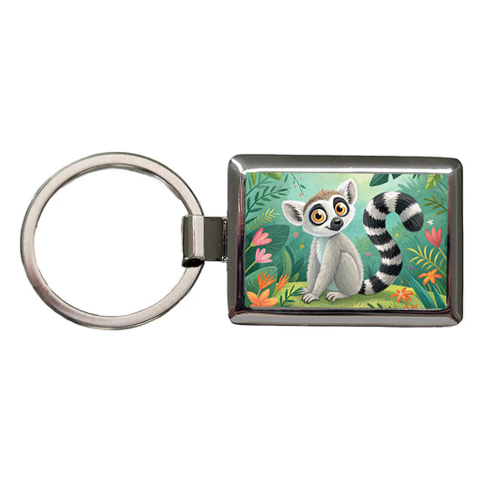 Ring-Tailed Lemur Children's Illustration Style Rectangle Metal Keychain