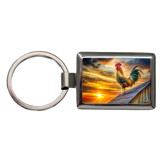 Rooster on Barn Roof At Sunrise Rectangle Metal Keychain