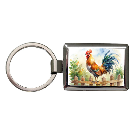 Rooster On Fence Watercolor Rectangle Metal Keychain