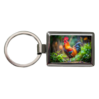 Rooster Rectangle Metal Keychain