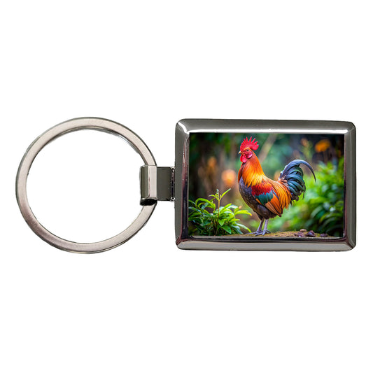 Rooster Rectangle Metal Keychain