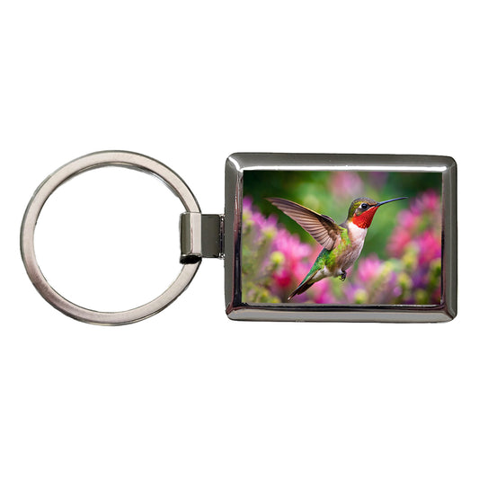 Ruby Throated Hummingbird Flying Backyard Bird Rectangle Metal Keychain