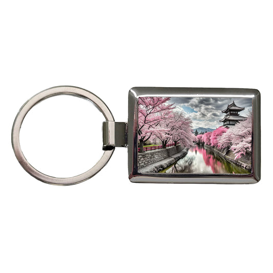 Sakura Trees Along River Japanese Scene Rectangle Metal Keychain