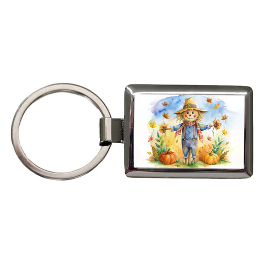 Scarecrow and Pumpkins Fall Watercolor Rectangle Metal Keychain