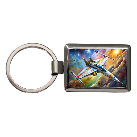 Sci-fi Starfighter Spaceship on Patrol Rectangle Metal Keychain