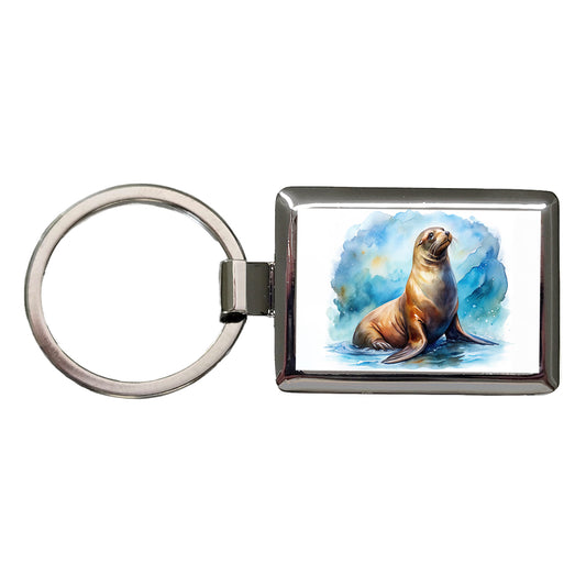 Sea Lion Watercolor Rectangle Metal Keychain