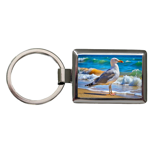 Seagull On Beach Rectangle Metal Keychain