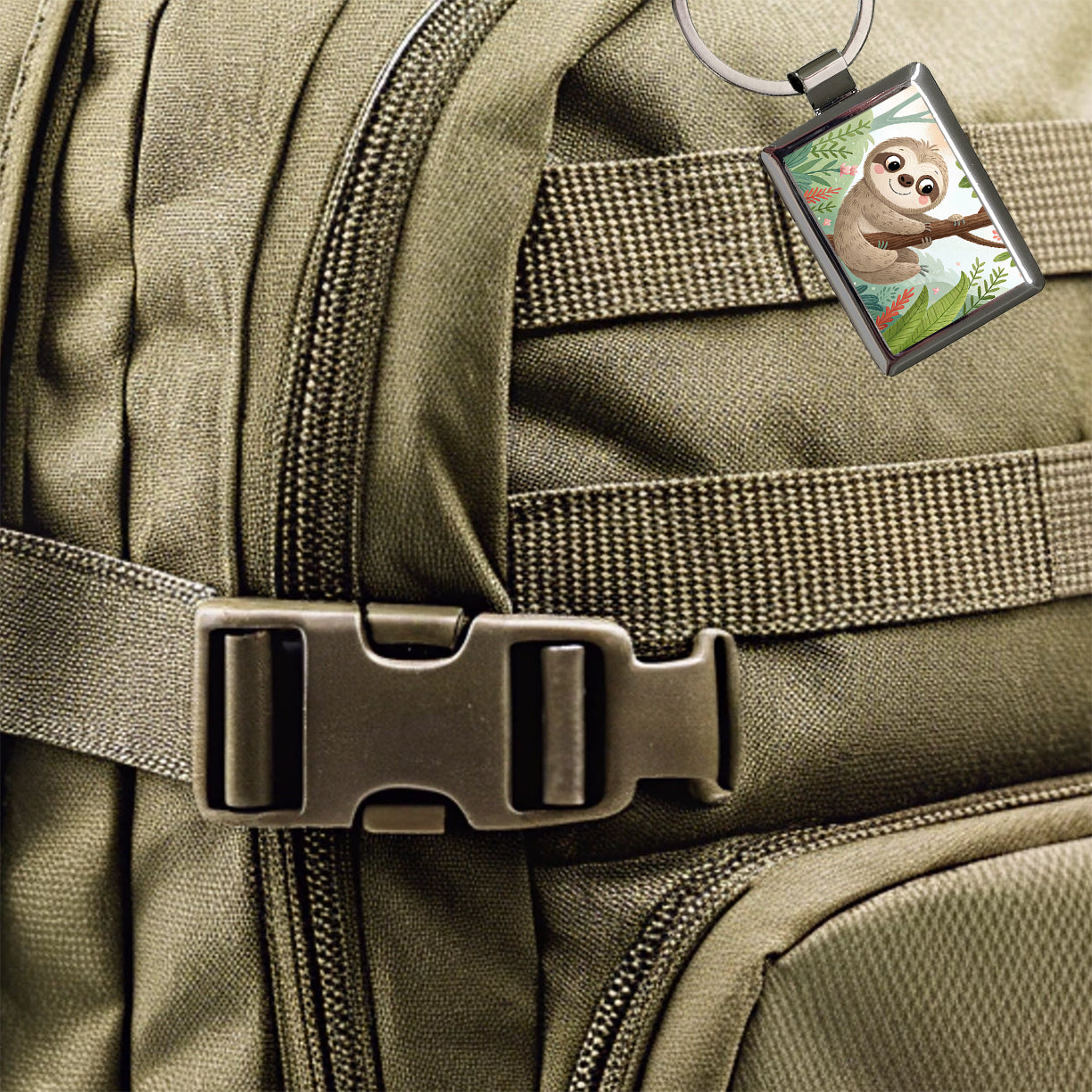Sloth on Tree Children's Illustration Style Rectangle Metal Keychain