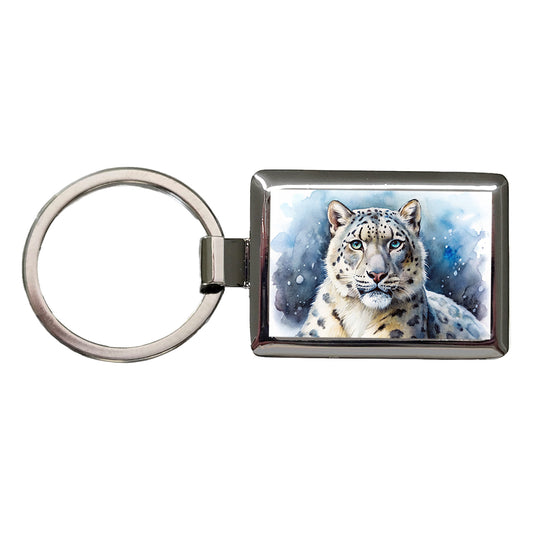 Snow Leopard Watercolor Rectangle Metal Keychain