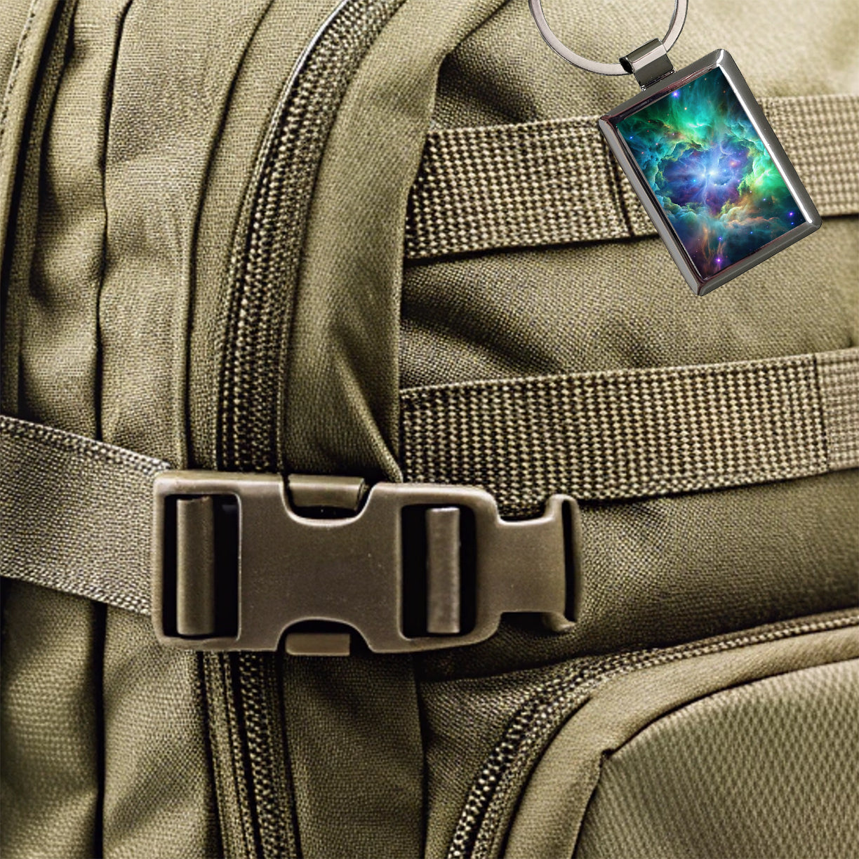 Space Galaxy Nebula Blue Purple Green Rectangle Metal Keychain