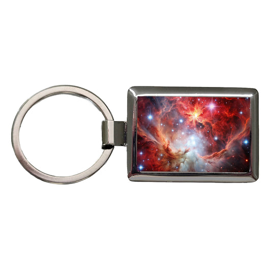 Space Galaxy Nebula Red White Rectangle Metal Keychain