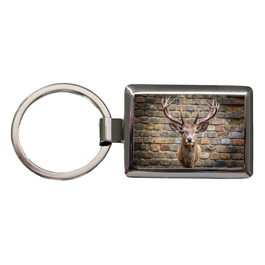 Stag's Head Mounted To Wall Rectangle Metal Keychain