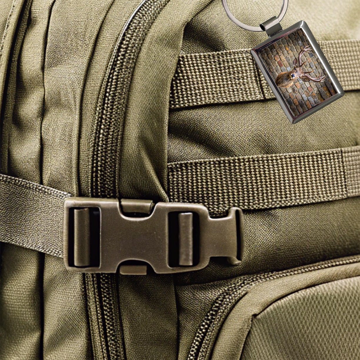 Stag's Head Mounted To Wall Rectangle Metal Keychain