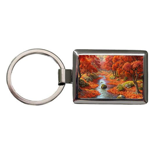 Stream and Trees in Fall Autumn Rectangle Metal Keychain