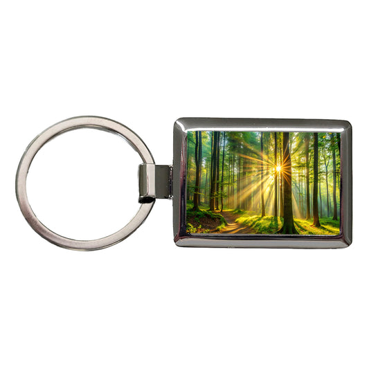 Sunlight Streaming Through Forest Trees Rectangle Metal Keychain