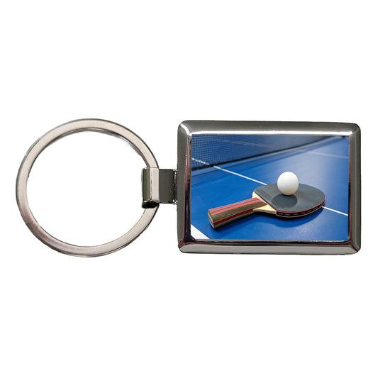 Table Tennis Ping Pong Paddle and Ball on Table Rectangle Metal Keychain