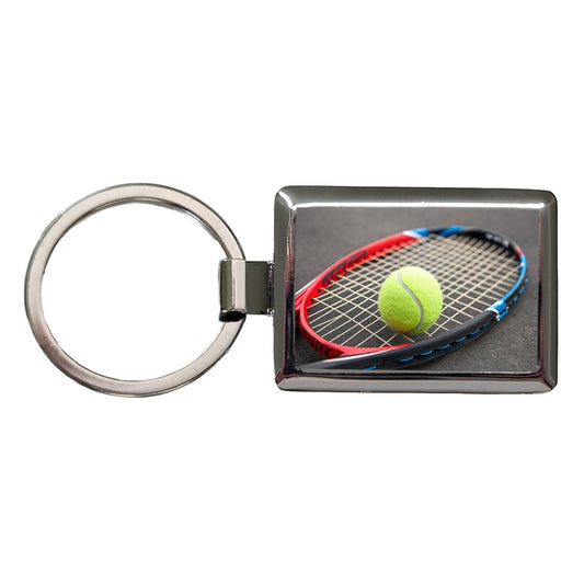 Tennis Racket and Ball Close-up Rectangle Metal Keychain
