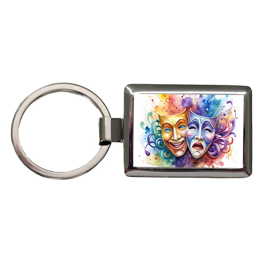 Theater Drama Masks Watercolor Rectangle Metal Keychain