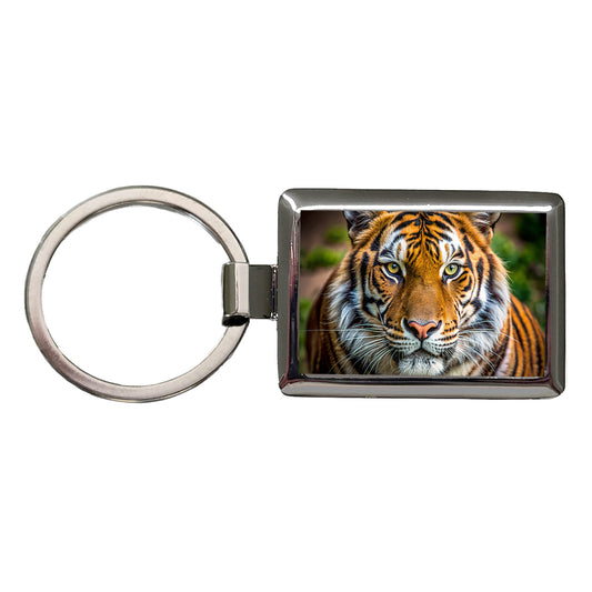Tiger Face Rectangle Metal Keychain