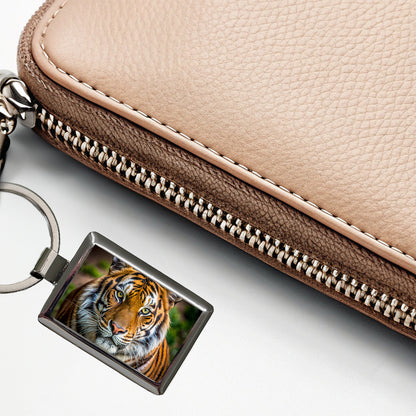 Tiger Face Rectangle Metal Keychain
