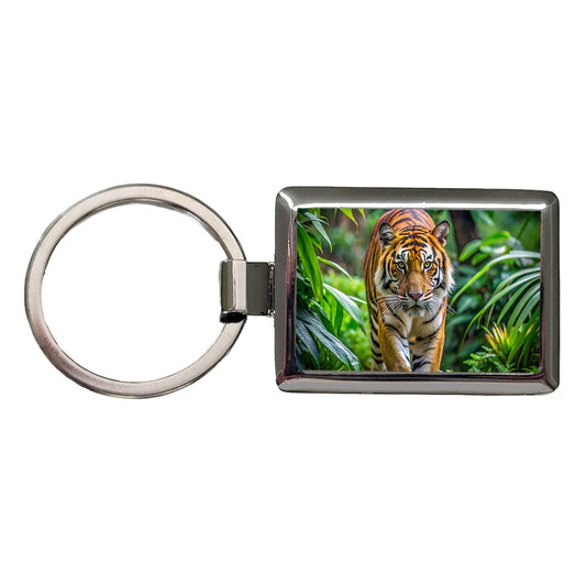 Tiger Stalking Prey In The Jungle Rectangle Metal Keychain