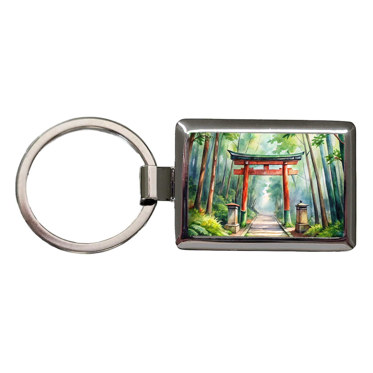 Torii Gate Leading To Forest Shrine Watercolor Rectangle Metal Keychain