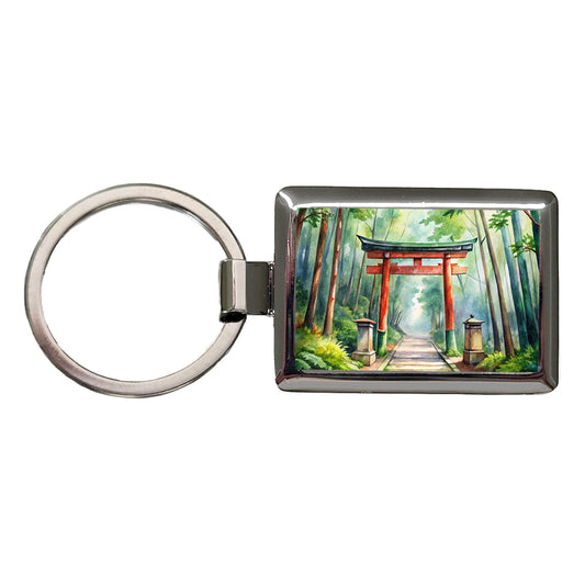 Torii Gate Leading To Forest Shrine Watercolor Rectangle Metal Keychain