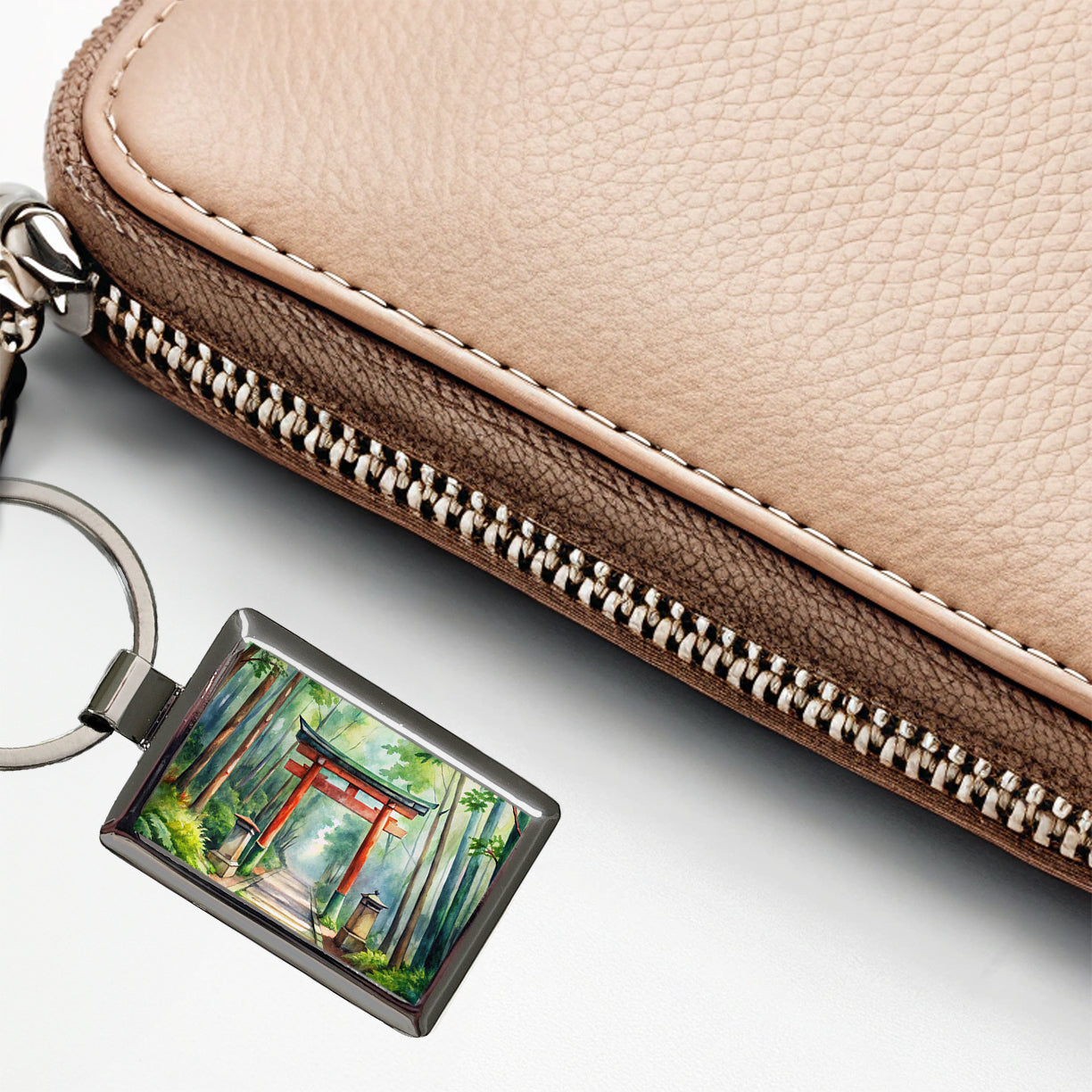 Torii Gate Leading To Forest Shrine Watercolor Rectangle Metal Keychain