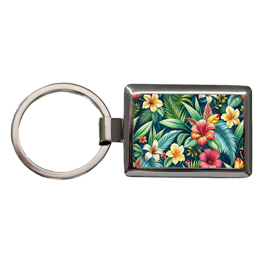 Tropical Hibiscus Pastel Floral Pattern Rectangle Metal Keychain