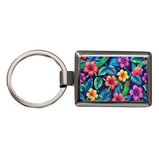 Tropical Neon Hibiscus Floral Pattern Rectangle Metal Keychain