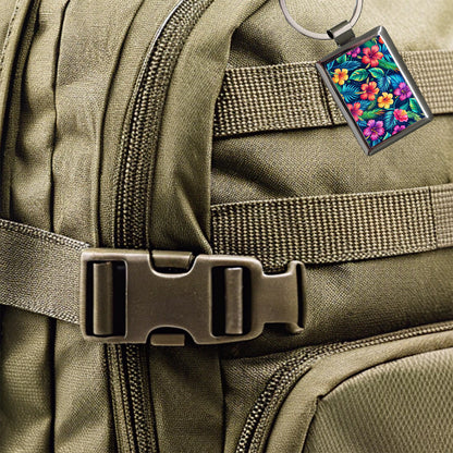 Tropical Neon Hibiscus Floral Pattern Rectangle Metal Keychain