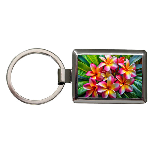 Tropical Pink Yellow Plumeria Flowers Rectangle Metal Keychain