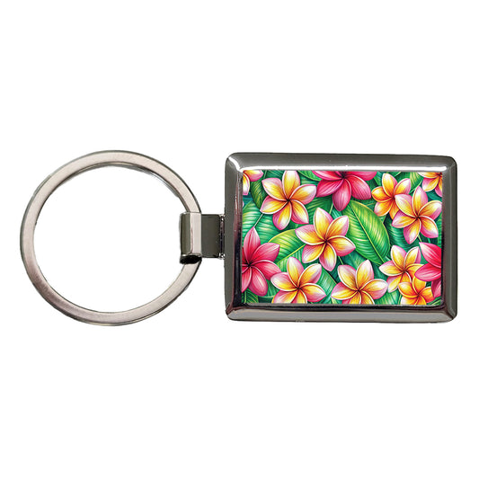 Tropical Plumeria Floral Pattern Rectangle Metal Keychain