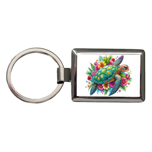 Tropical Sea Turtle Floral Design Rectangle Metal Keychain