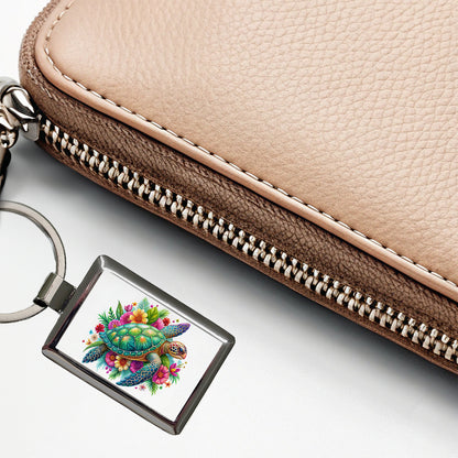 Tropical Sea Turtle Floral Design Rectangle Metal Keychain
