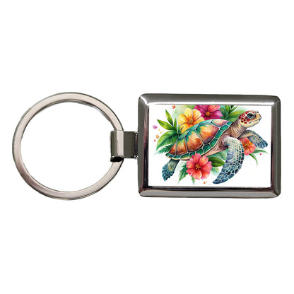 Tropical Sea Turtle Hibiscus Floral Watercolor Rectangle Metal Keychain