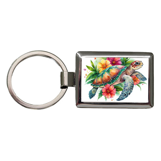 Tropical Sea Turtle Hibiscus Floral Watercolor Rectangle Metal Keychain