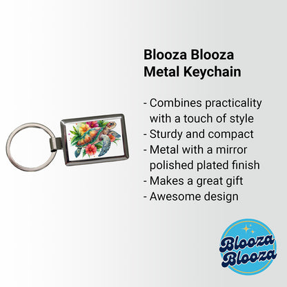 Tropical Sea Turtle Hibiscus Floral Watercolor Rectangle Metal Keychain