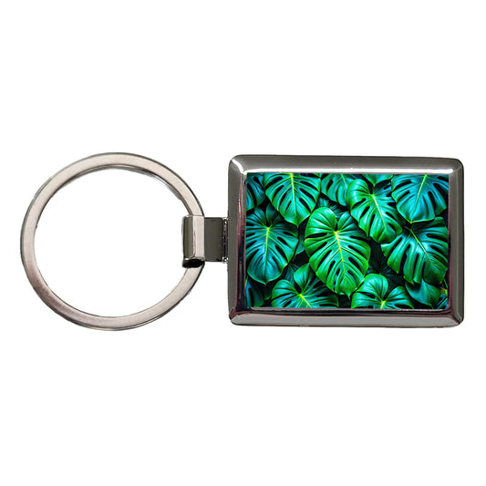 Vibrant Neon Green Monstera Leaves Rectangle Metal Keychain