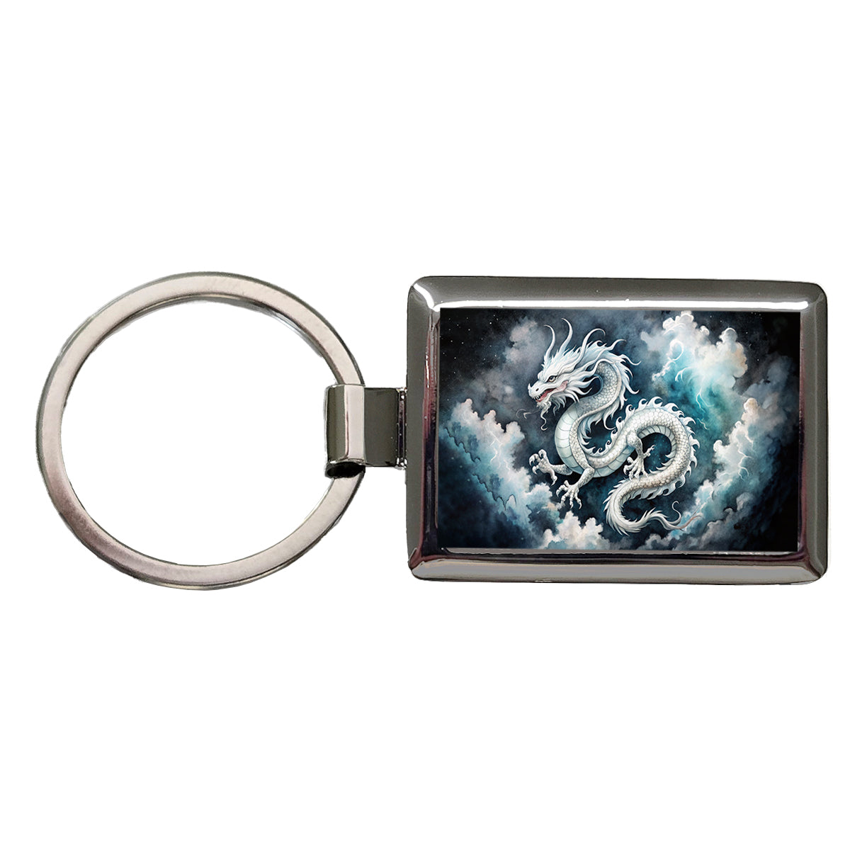 White Asian Dragon On Black Watercolor Rectangle Metal Keychain