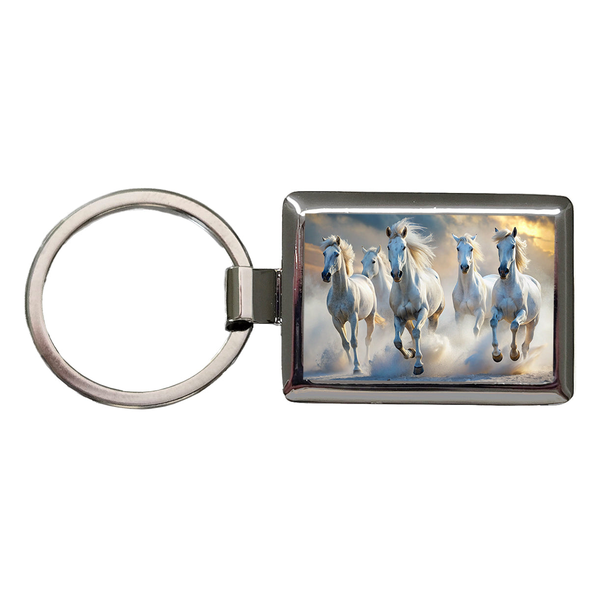 White Horses Galloping Rectangle Metal Keychain